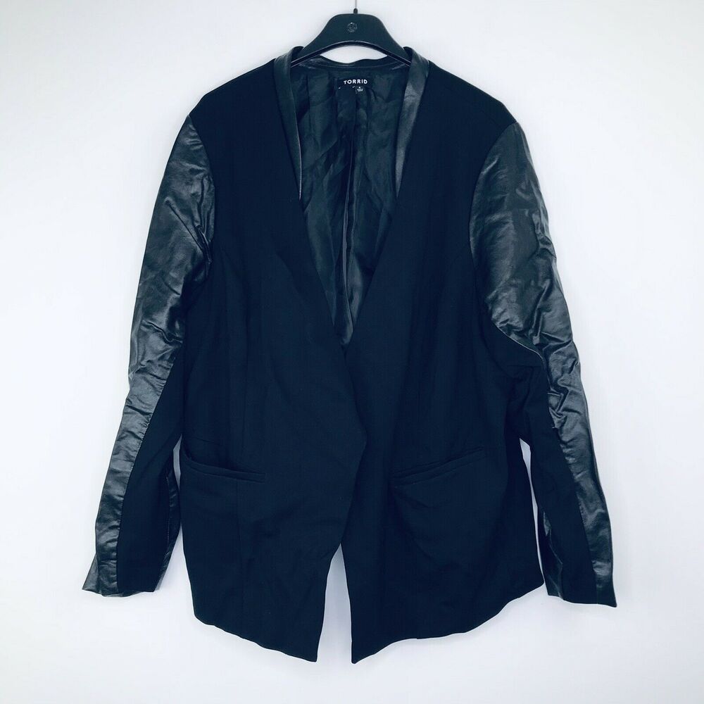 Torrid Women 4 Blazer Faux Leather Open Front Pockets Stretch Black Plus Career